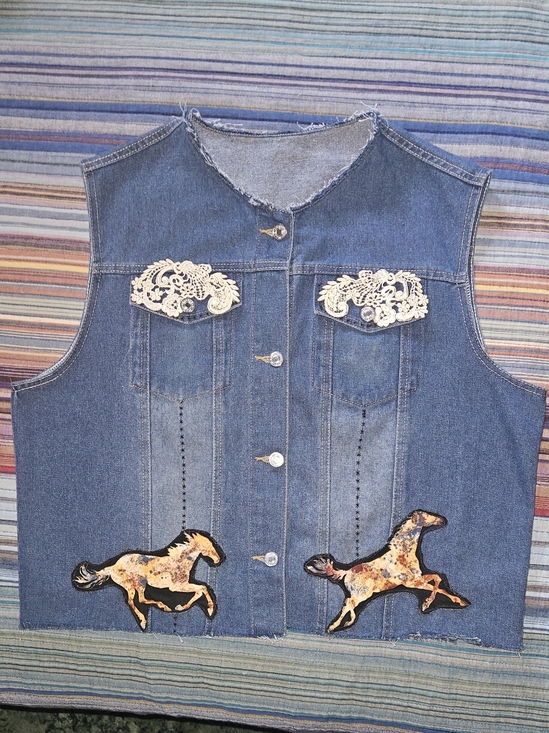 Jackets & Blazers - Horse Patch Denim Vest in Blue with Cream Lace Accents